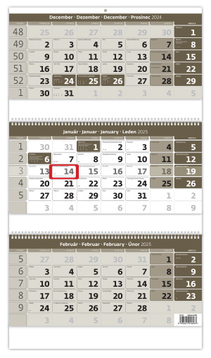 Trojmesačný kalendár šedý so špirálou a s menným kalendáriom - Reklamnepredmety